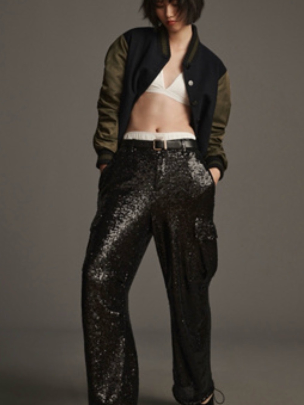 Sequin Cargo Wide-Leg Pants - Black
